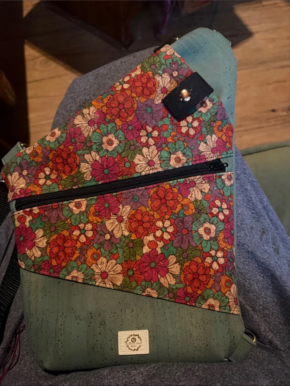 Floral Pattern Crossbody Sling Bag - Teal & Multi